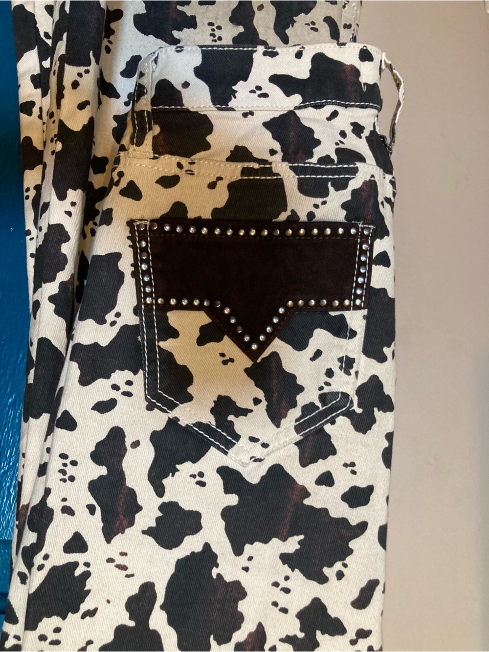 Rock & Roll Cow Print Flare Leg Jeans in Black, Brown & Cream - Picture 2 of 7